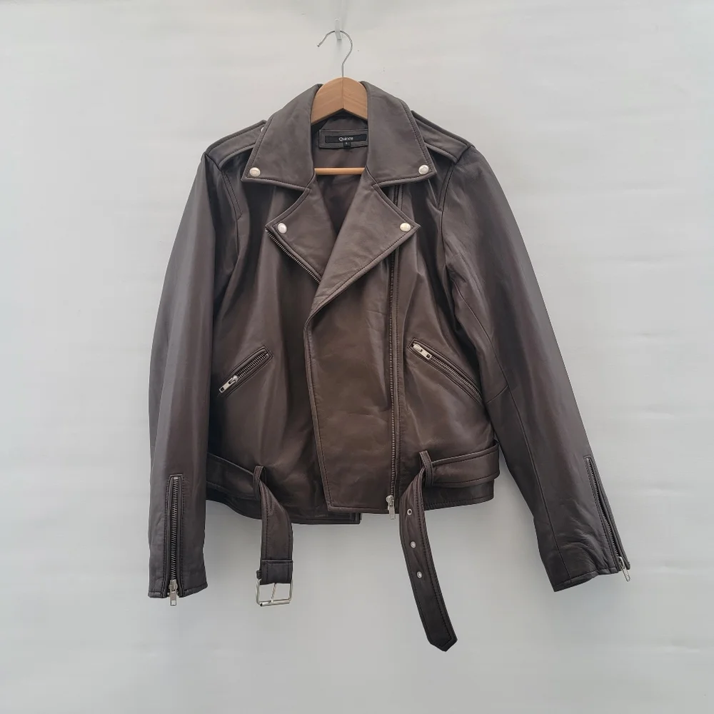 Quince Mocha Brown Leather Moto Biker Jacket Size Large Timeless Minimalist - Picture 16 of 16